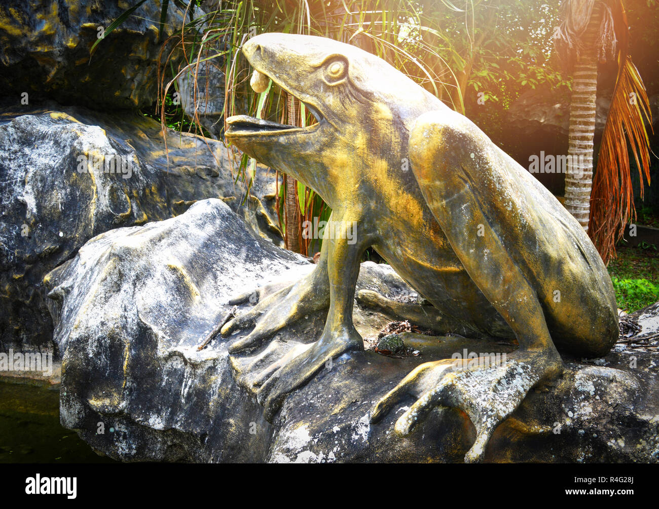 frog statue garden / statue frog of yellow golden on the rock in pond