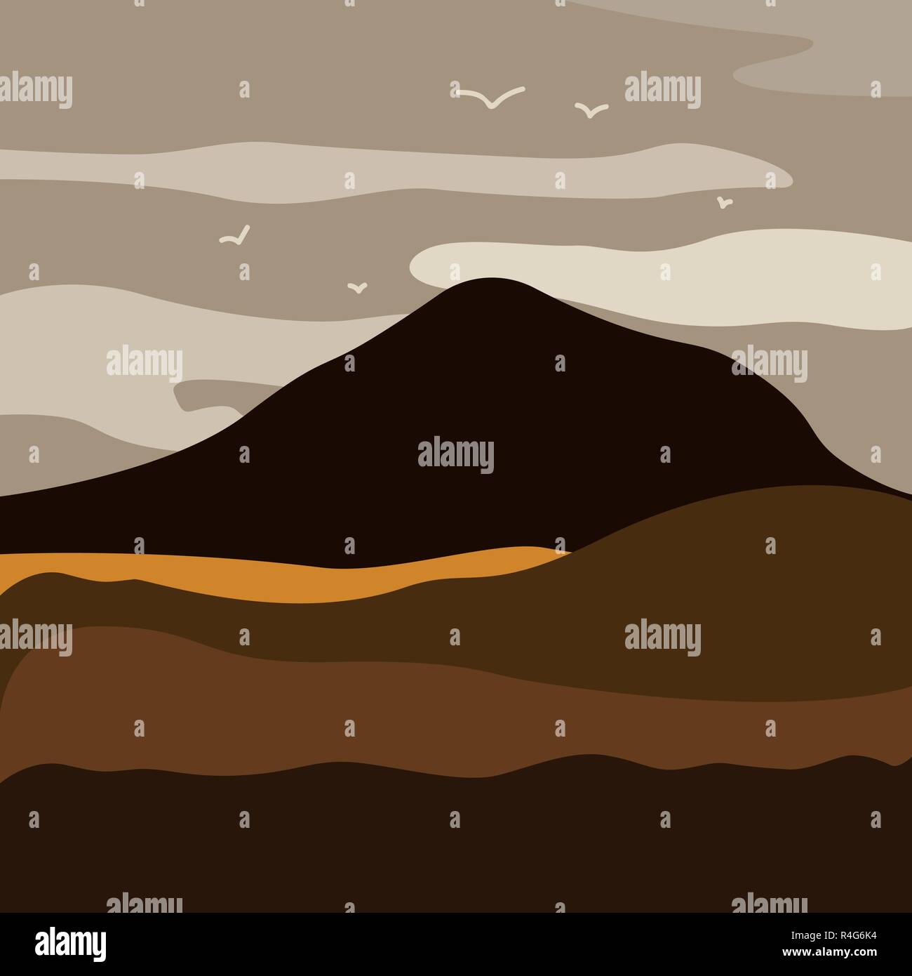 Vector illustration of mountain landscape with forest and flying birds ...