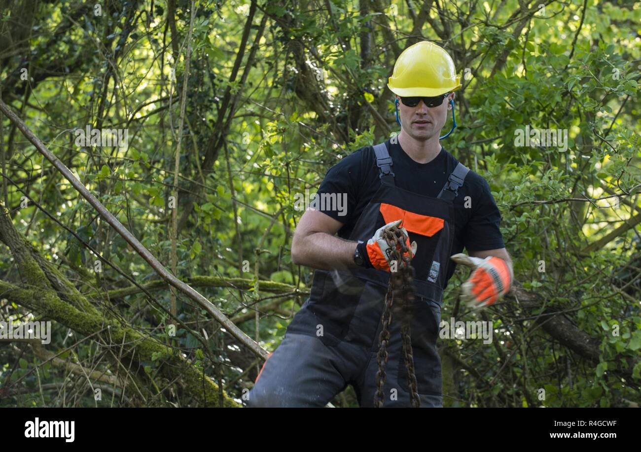 BOULOGNE SUR MER, France – U.S. Marine Corps Captain Gene Harb, a Defense POW/MIA Accounting Agency (DPAA) team leader, attaches a chain to tree to clear vegetation during a DPAA recovery mission in a forest near Boulogne Sur Mer, France on May 2, 2017. The DPAA team is in search of a U.S. Army Air Force Airman that tragically lost his life while flying his P-47D aircraft on October of 1943 during World War II. Stock Photo