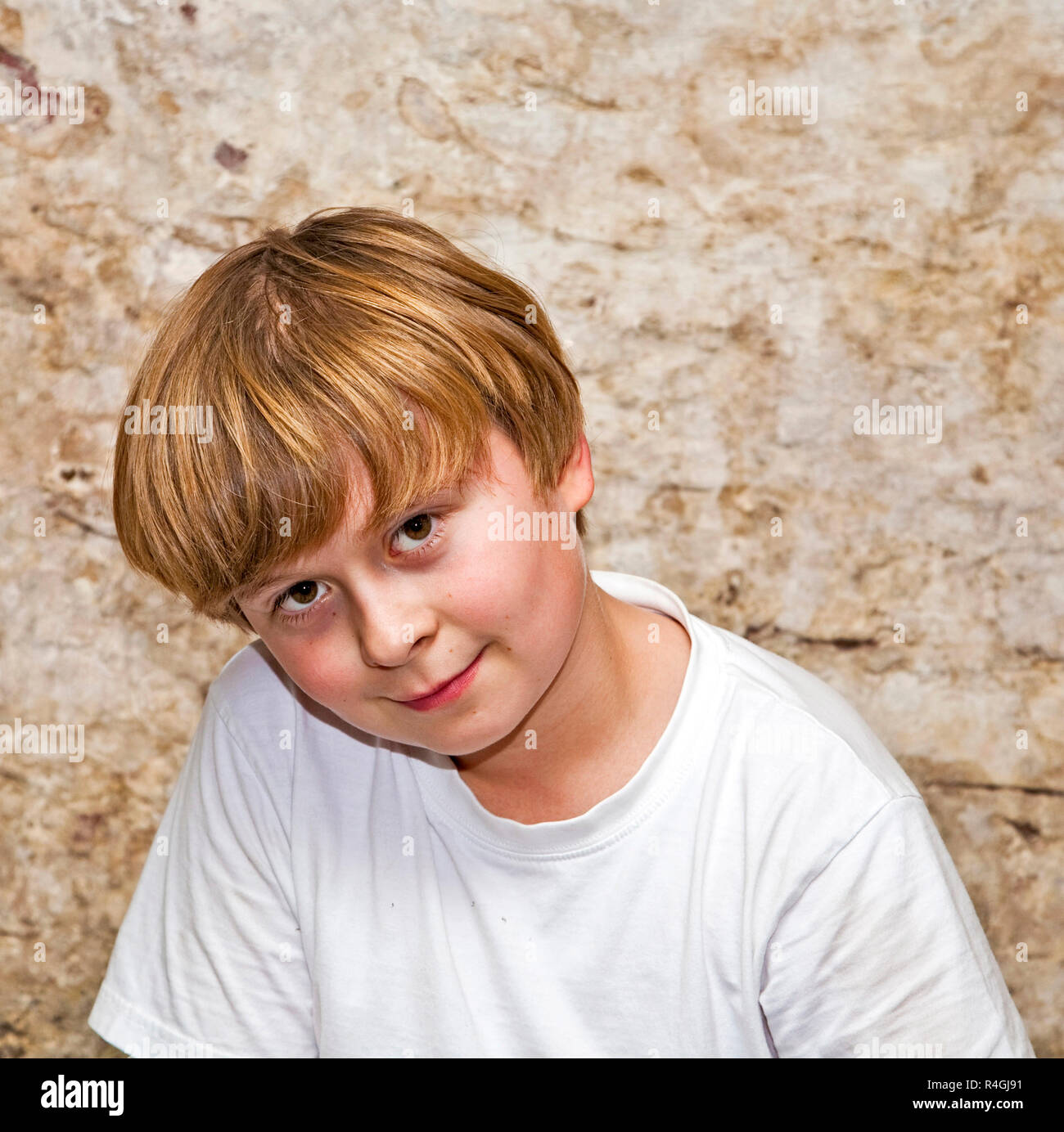 Boy With Light Brown Hair And Brown Eyes Lookes Friendly Stock