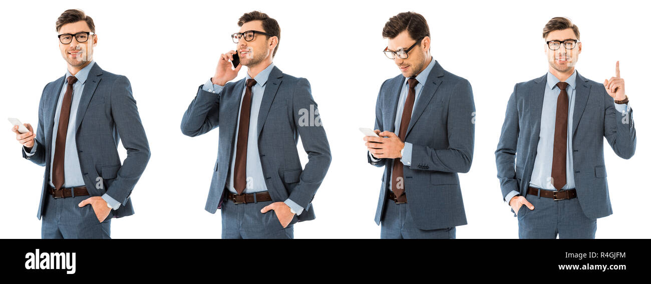 collage of handsome businessman using smartphone and gesturing isolated on white Stock Photo