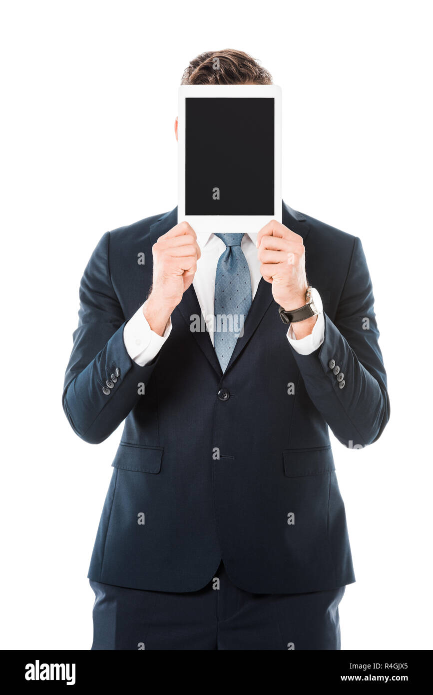 businessman with obscure face holding digital tablet with blank screen ...