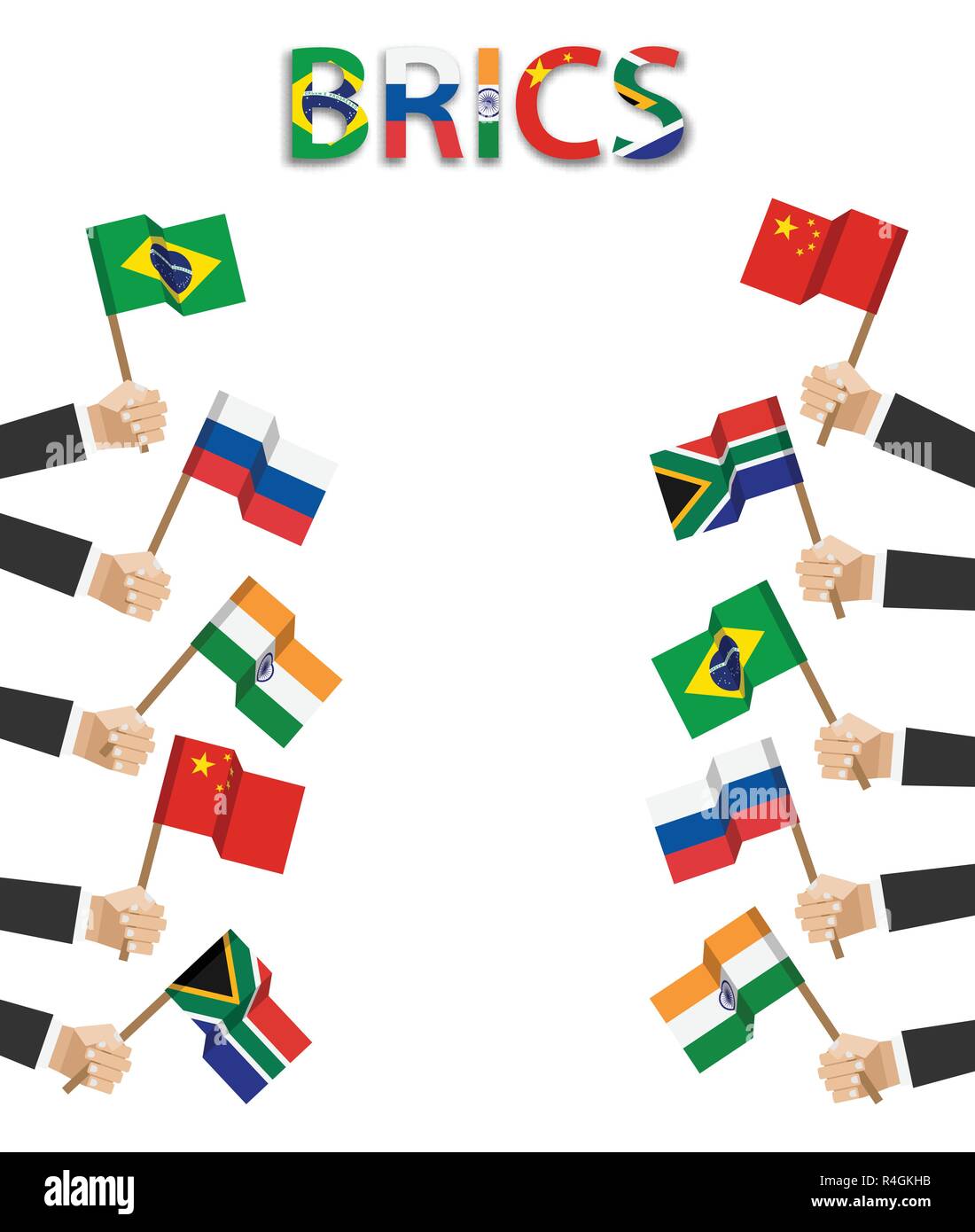 BRICS . association of 5 countries ( brazil . russia . india . china . south africa ) . Businessman hand hold and wave flag at border side of edge ima Stock Vector