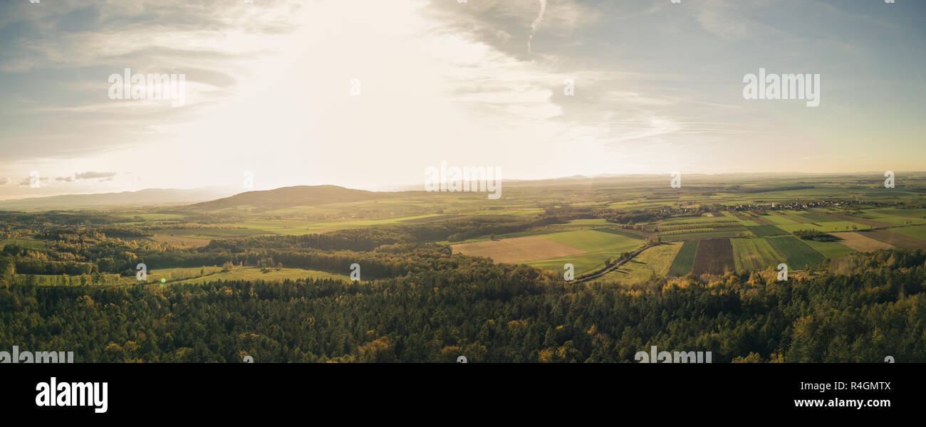 Inspirational aerial landscape, autumn forest and fields, drone point of view. Inspiring autumn season landscape panorama Stock Photo