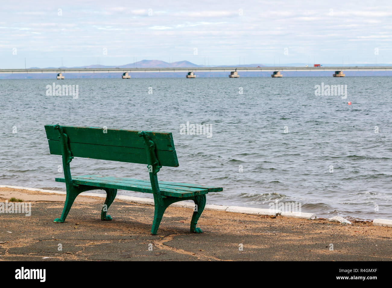 Low water bridge from Sedanka to the De Friz peninsula across the Amur Bay of Primorsky Krai Russia. Far Eastern landscape. Stock Photo