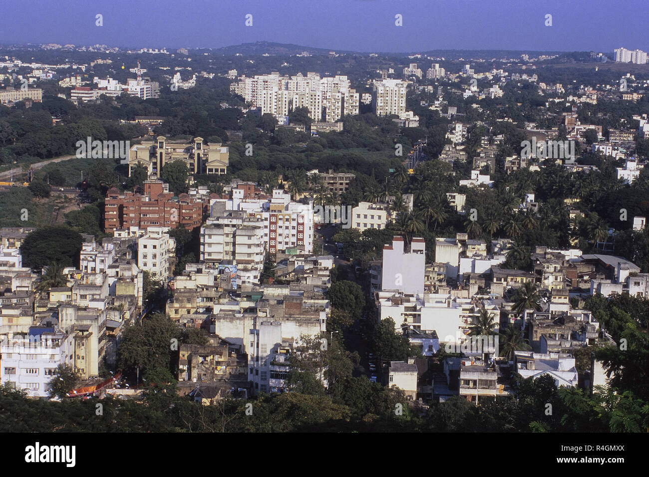 Aerial view of crowded cityscape of city from Parvati Hills, Pune, Maharashtra, India, Asia Stock Photo