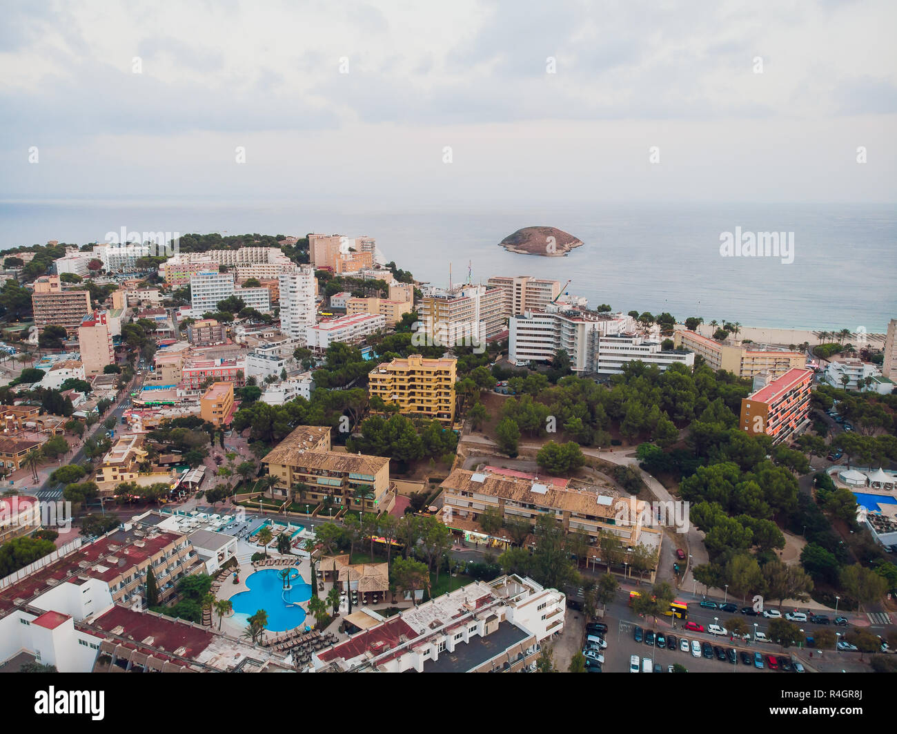 Aerial view Sants-Montjuic residential district from helicopter. Barcelona Stock Photo