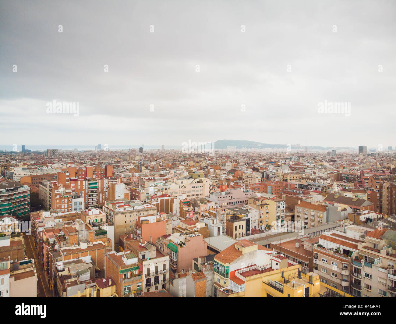 Aerial view Sants-Montjuic residential district from helicopter ...