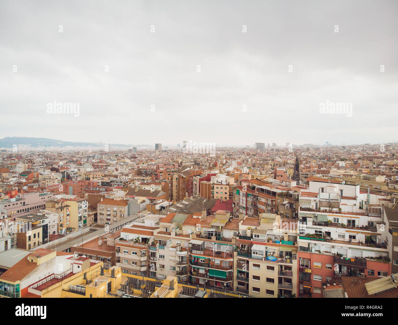 Aerial view Sants-Montjuic residential district from helicopter ...