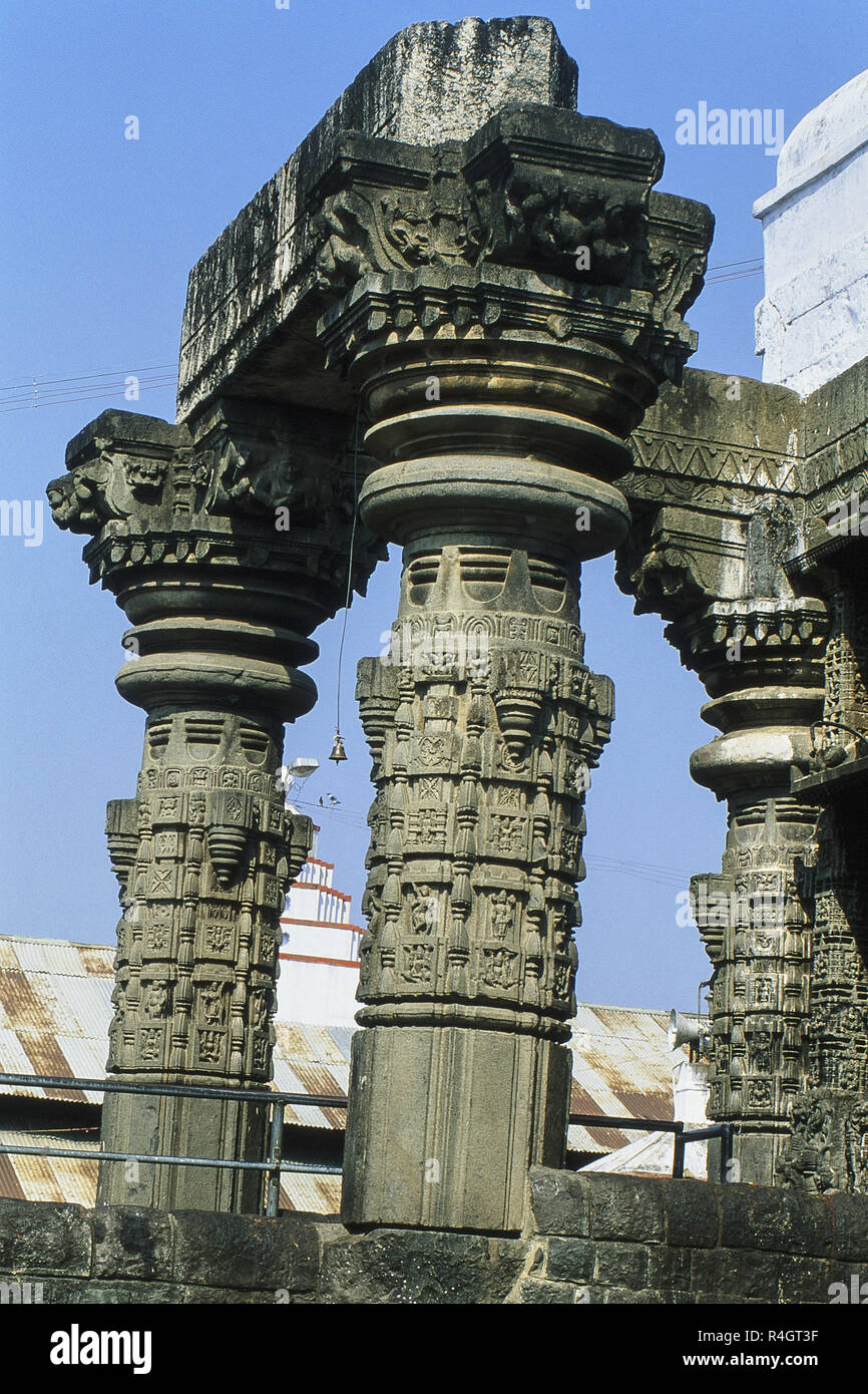 Carved pillars at entrance of Shiva Temple, Jyotirlinga, Aundha Nagnath, Maharashtra, India, Asia Stock Photo
