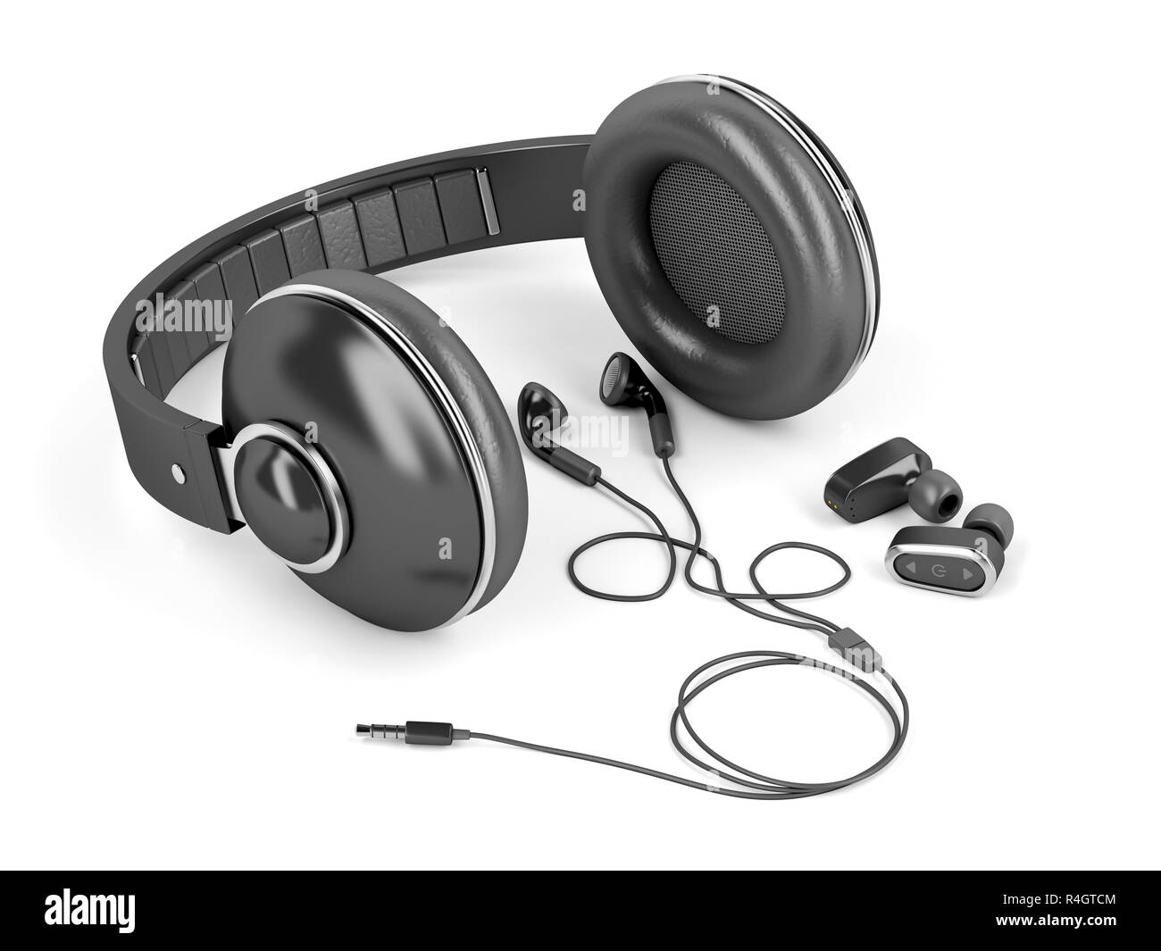 Group of wireless and wired earphones on white background Stock Photo Alamy