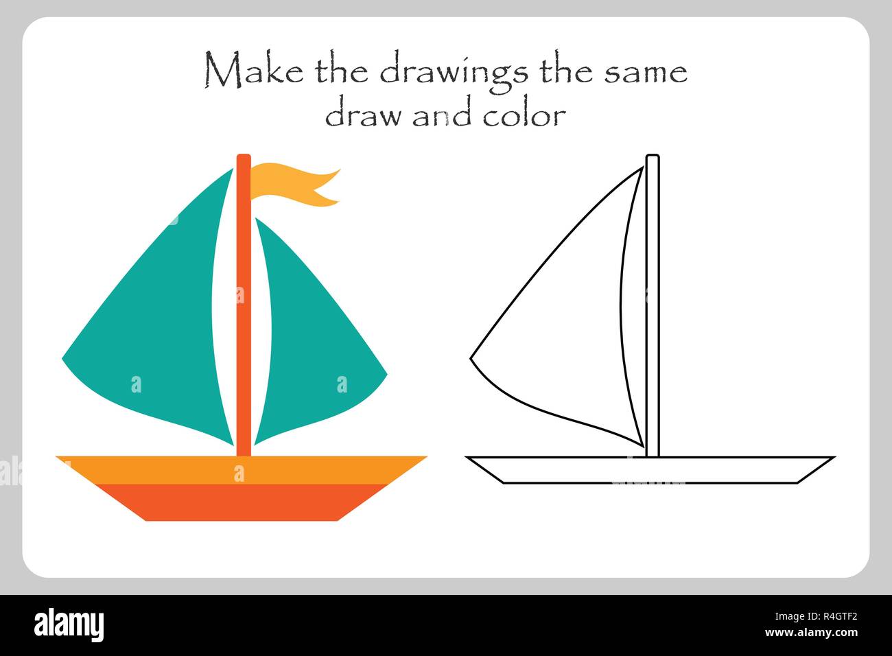 Ship in cartoon style,make the drawings the same, coloring page, education paper game for the development of children, kids preschool activity, printa Stock Vector