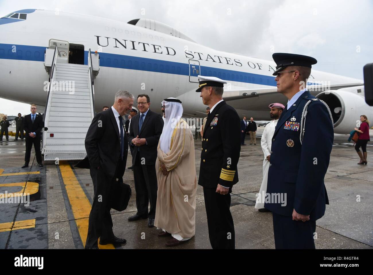 U.S. Secretary of Defense James N. Mattis departs Manama, Bahrain, Oct. 28, 2018. Greeting Mattis at the departure are the U.S. ambassador to Bahrain, Justin Siberell; Bahrain’s Minister of Defense Affairs, Lt. Gen. Shaikh Yousuf bin Ahmed bin Hussain Al Jalahma; Navy Vice Adm. Scott Stearney, commander, U.S. Naval Forces Central Command and 5th Fleet/Combined Maritime Forces; and Air Force Col. David Wallin, U.S. Senior Defense Official / Defense Attaché to Bahrain. (DOD Stock Photo