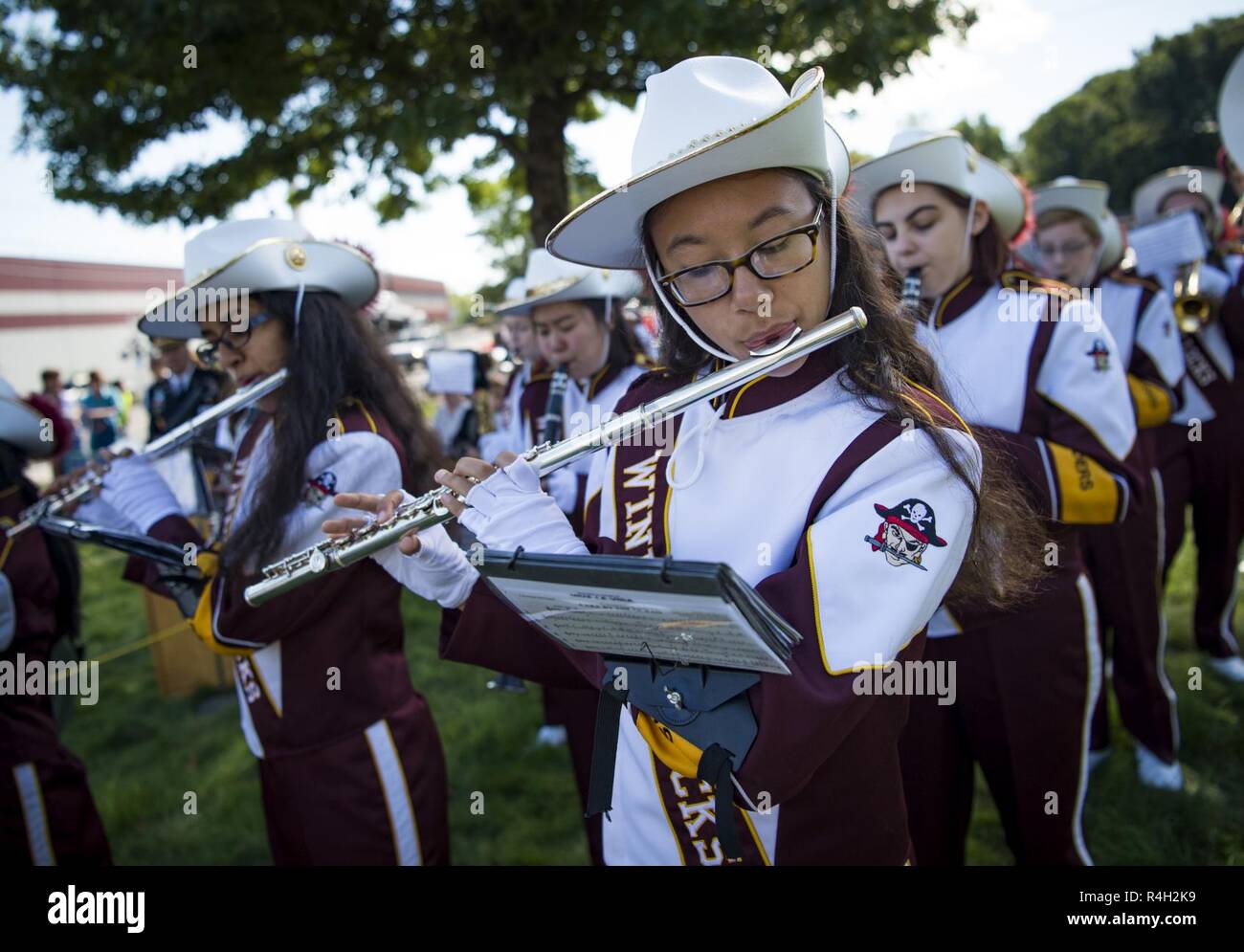 Windsor Locks High School Band members play music during a memorial