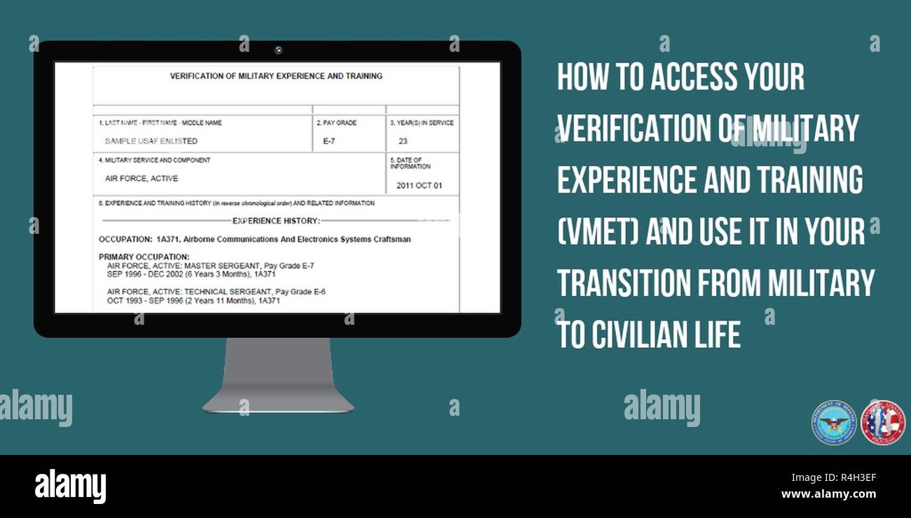 The VMET (Verification of Military Experience and Training), or DD Form 2586, documents and verifies service member military experience and training.  Therefore, it is useful when you are considering civilian occupations related to your military service, as well as in translating military terminology and training into civilian terms. Stock Photo