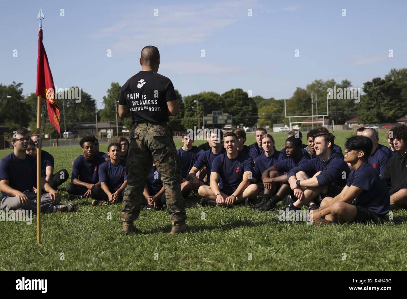 Sgt. Maj. Lester Abanto motivates poolees September 29, 2018, in Indianapolis during a leadership and cohesion exercise. This exercise allowed Marines to train some of the school athletes the way the Marine Corps instructs its subordinates. Abanto is the sergeant major of Recruiting Station Indianapolis. Stock Photo