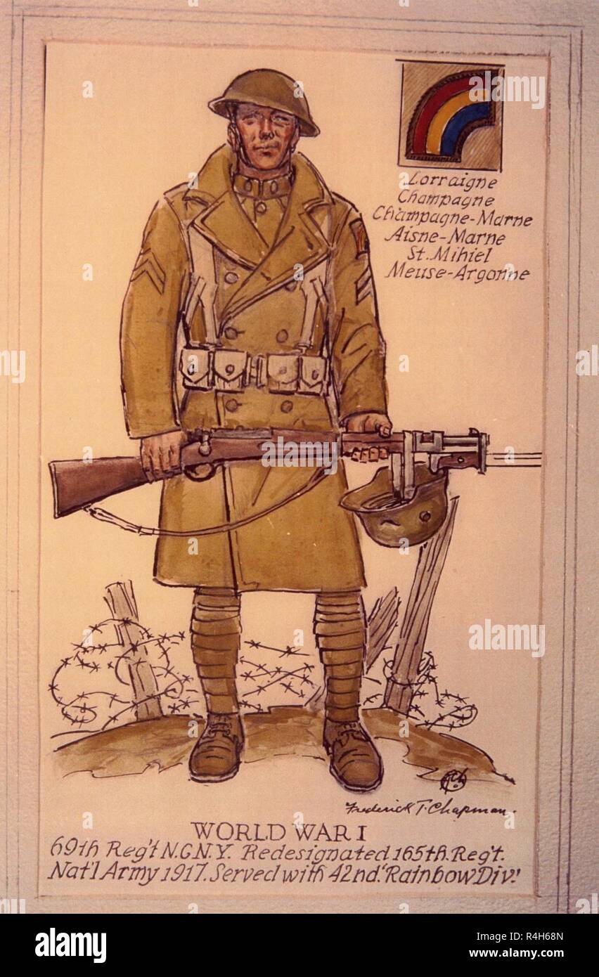 A graphic illustration of a typical National Guard Soldier of the 165th Infantry, formerly the 69th Regiment, New York National Guard. The 165th Infantry fought as part of the 42nd “Rainbow” Division during St. Mihiel in September and Meuse-Argonne in October, part of the American Expeditionary Force 100 days offensive that brought an end to World War I. Stock Photo