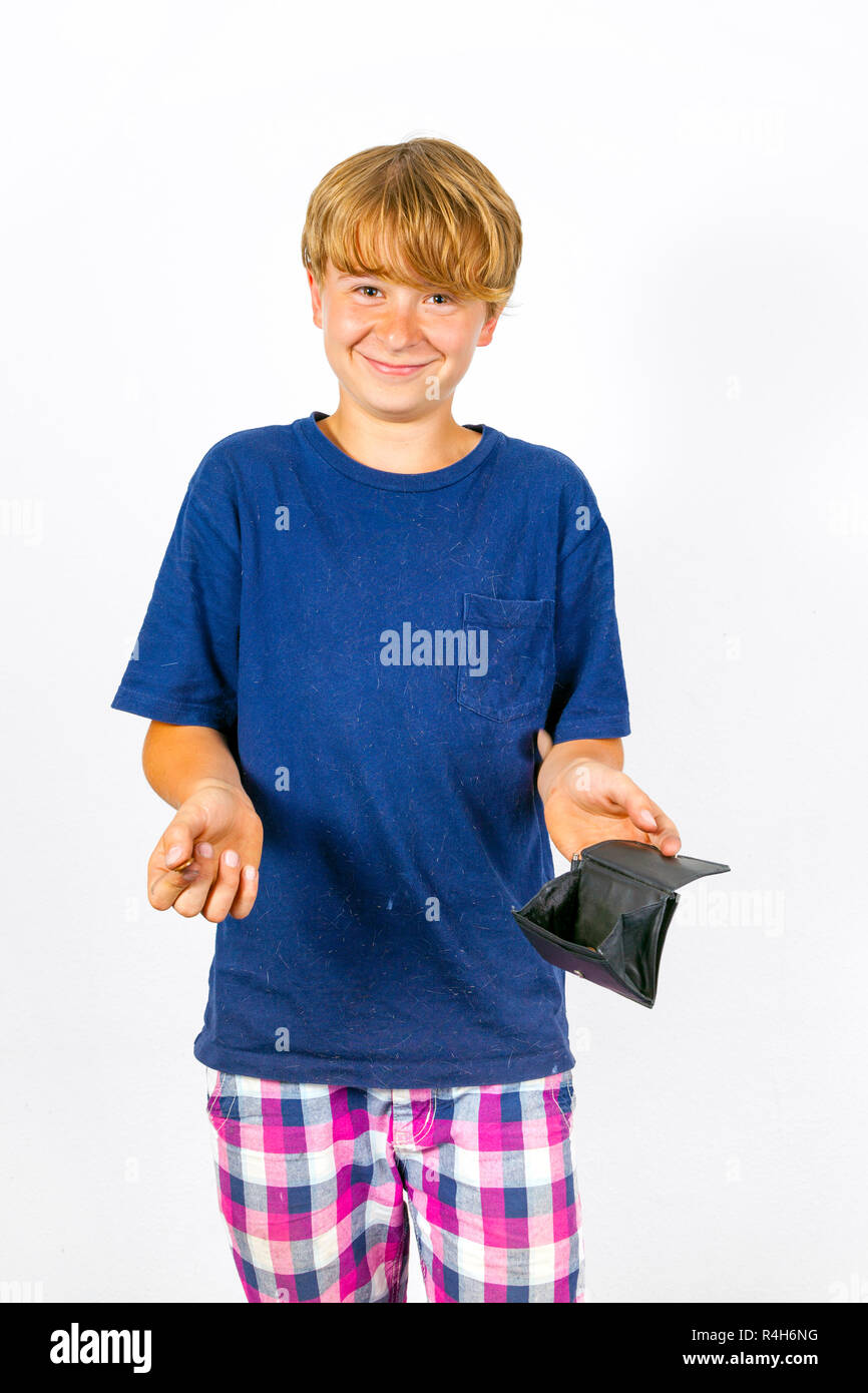 boy is checking the pocket money in his purse Stock Photo Alamy