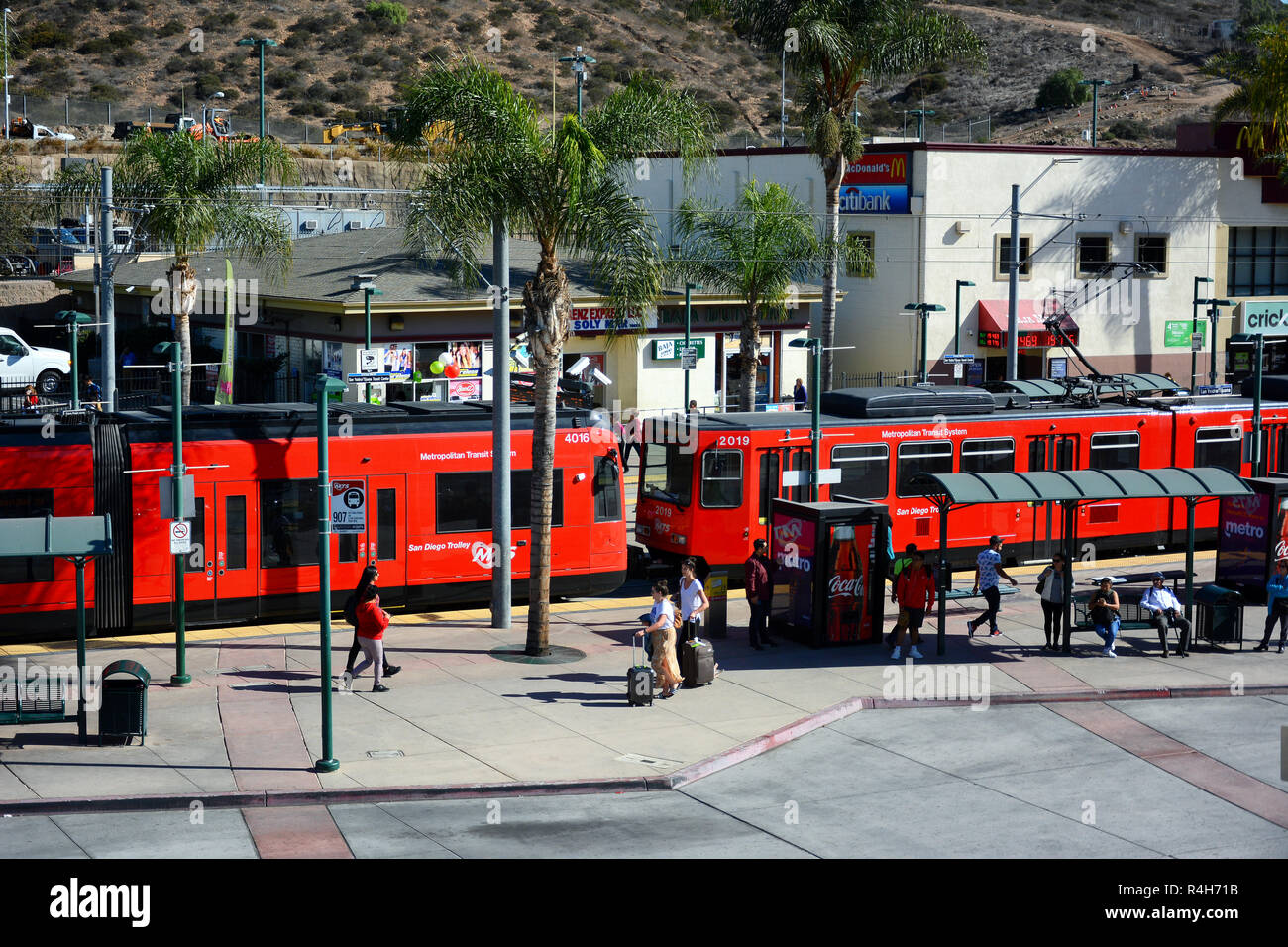 SAN YSIDRO, CALIFORNIA - NOVEMBER 26, 2018: San Diego Trolley (SDTI) is a light rail system serving the metropolitan San Diego Area. Stock Photo