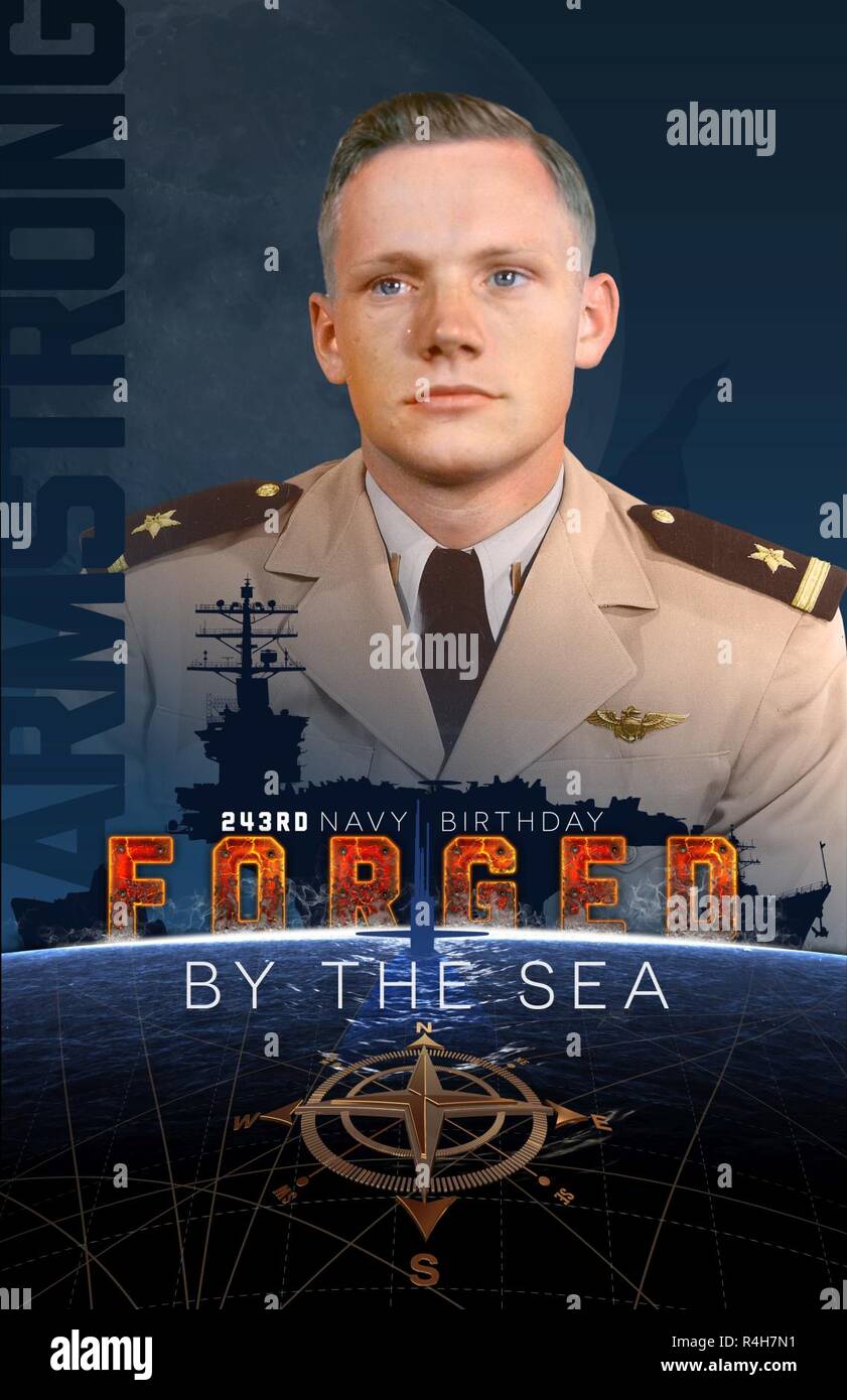 The 243rd Navy Birthday poster featuring Neil Alden Armstrong with a Forged by the Sea theme. Stock Photo