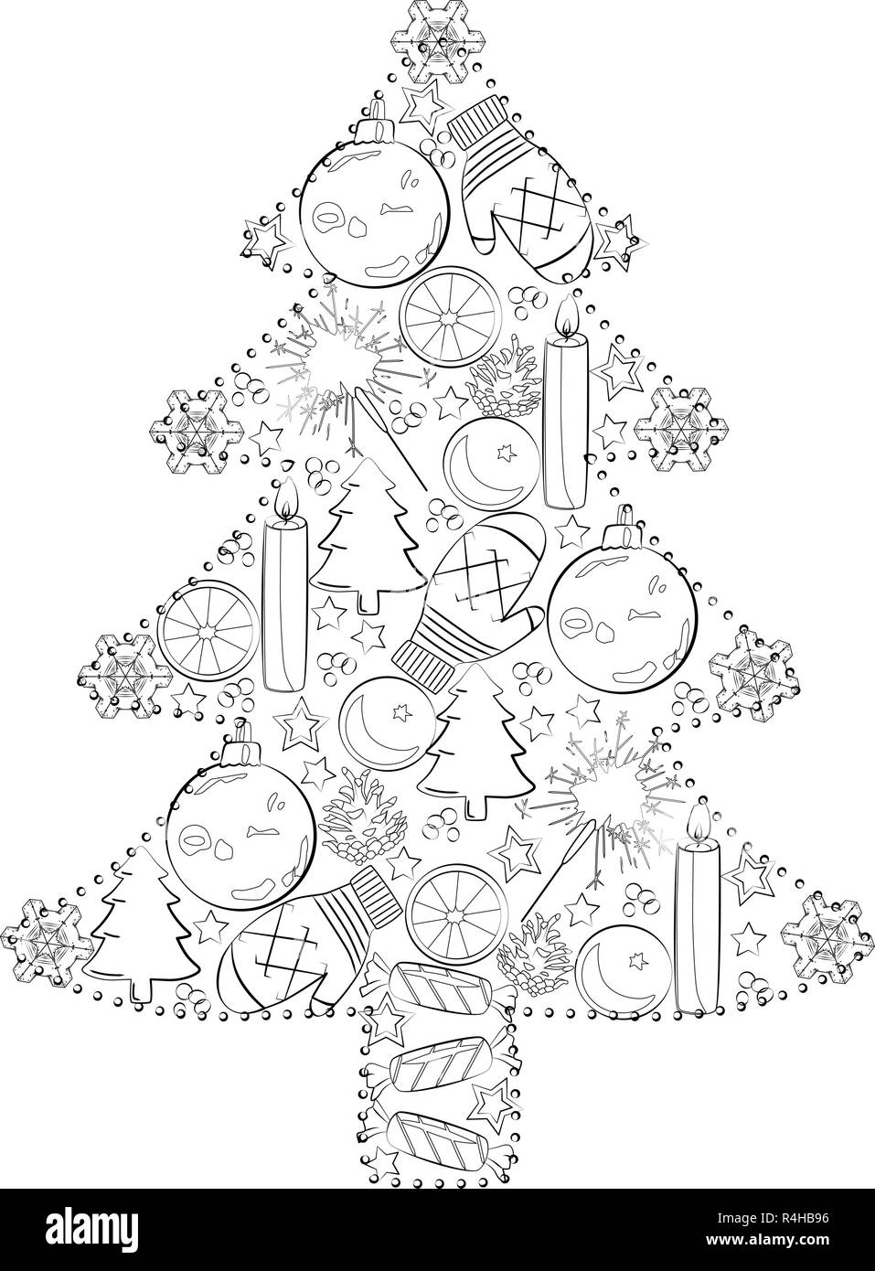 Christmas tree of toys, black and white vector illustration Stock ...