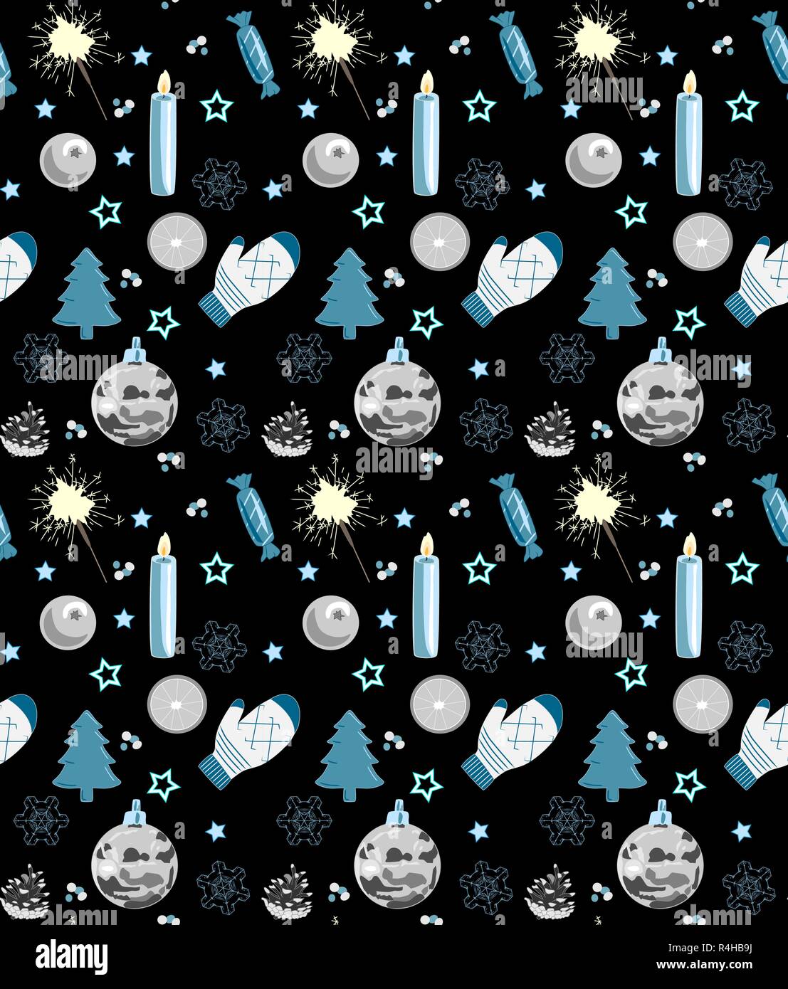 Seamless Christmas pattern, black, white and blue, vector illustration Stock Vector