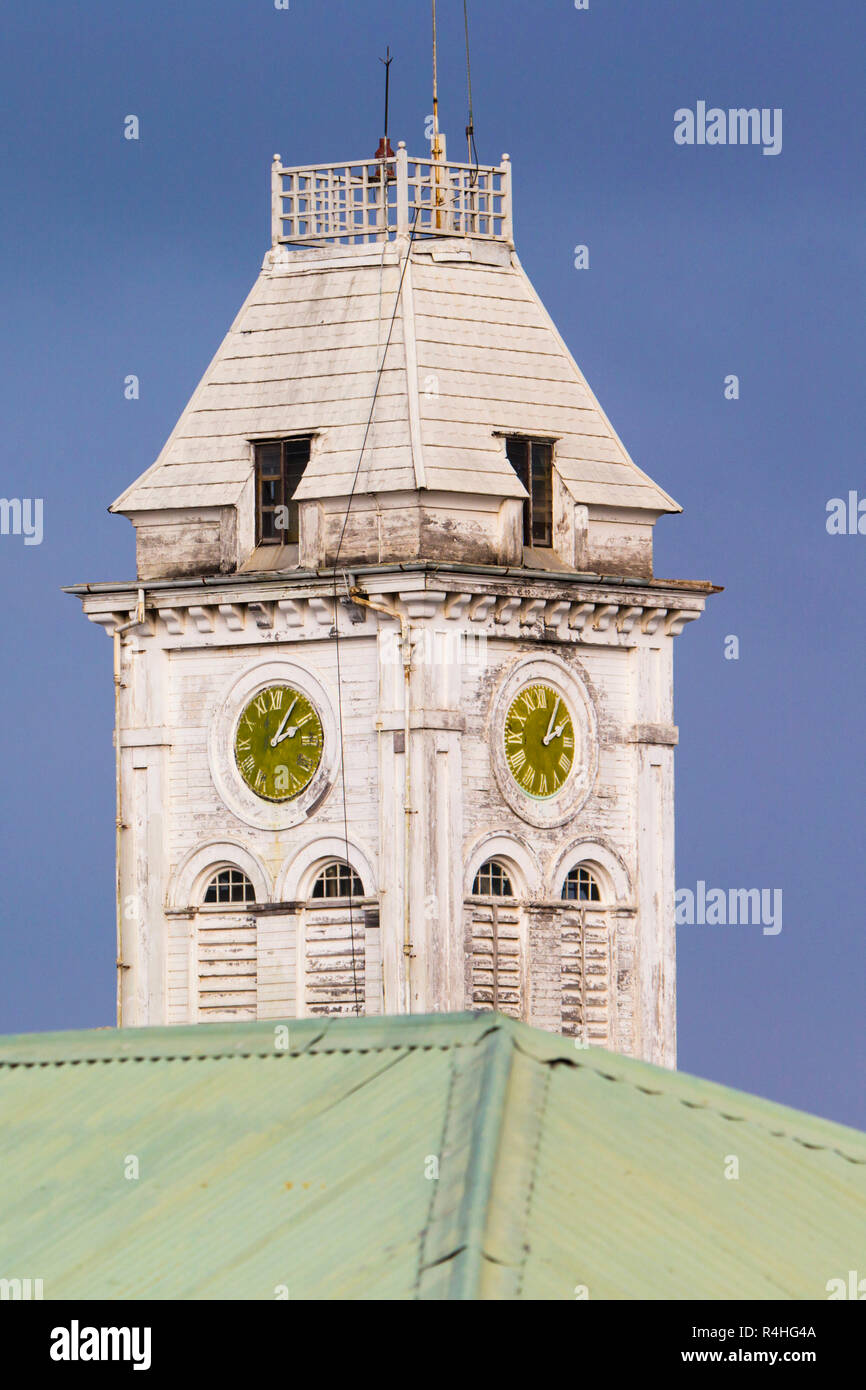 Clock of House of Wonders, The House of Wonders, more properly called Beit-al-Ajaib, was the Royal Palace of the Sultan.Stone Town was recently and deservedly declared a World Heritage Site by UNESCO. Stock Photo