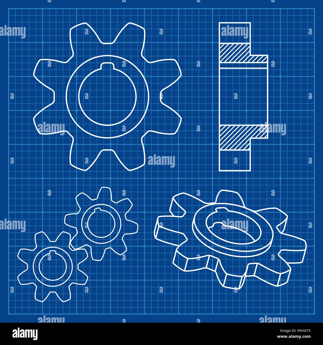 Gear wheel. On blueprint background Stock Vector