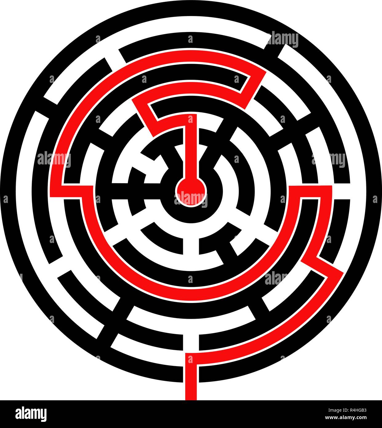 Round maze with red path to center Stock Vector