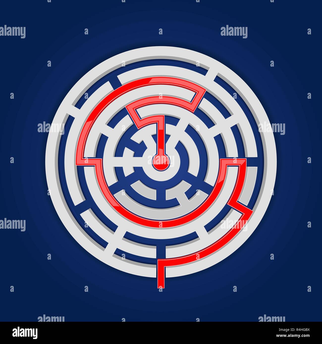 Round maze with red path to center. On blue background Stock Vector ...