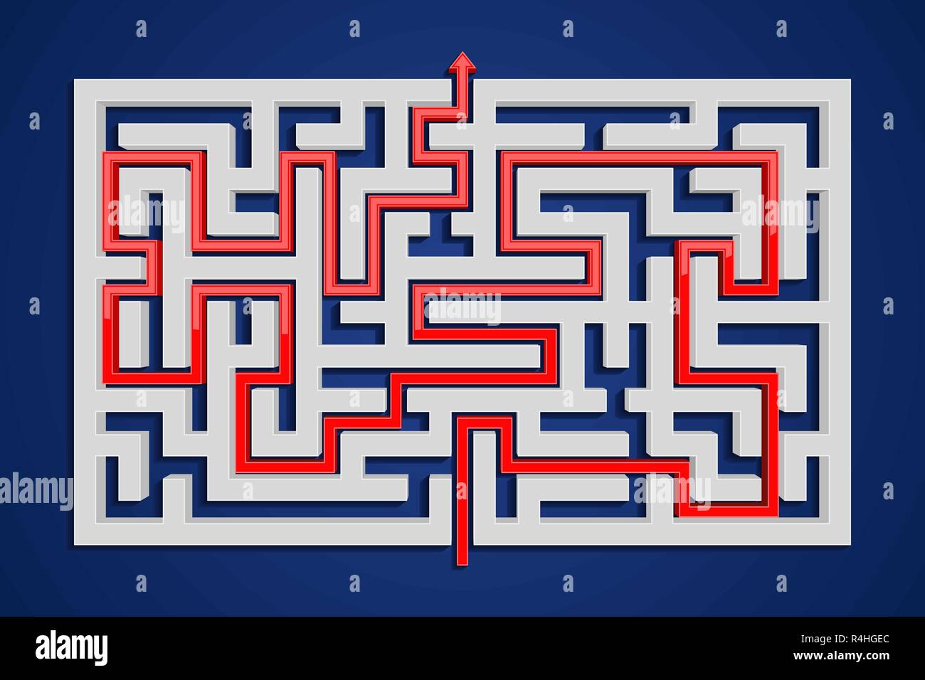 Square maze with red path to center. On blue background Stock Vector
