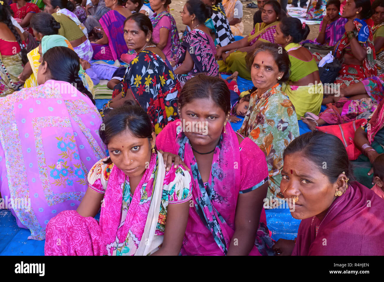 Underprivileged and lower-caste women from rural Maharashtra state in India at a political rally at Azad Maidan, Mumbai, India Stock Photo