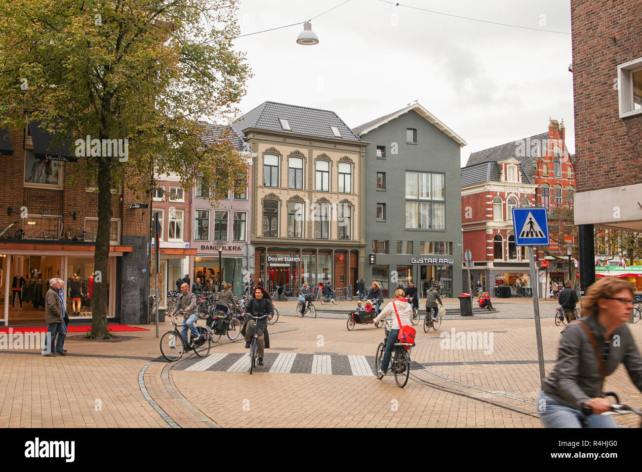 Bikers on street in the centre of Dutch city of Groningen. The centre