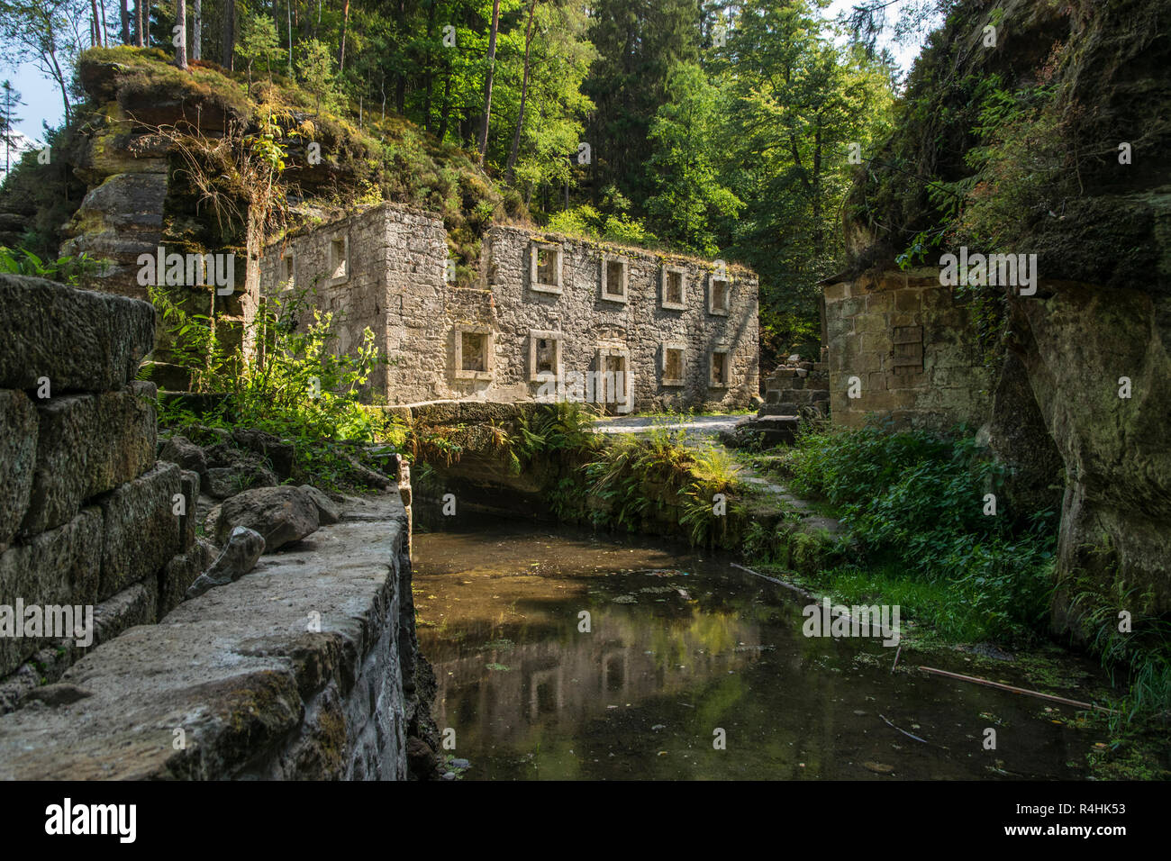 Böhmische Schweiz, Ruin of the basic mill in the Kamnitzklamm, Ruine der Grundmühle in der Kamnitzklamm Stock Photo