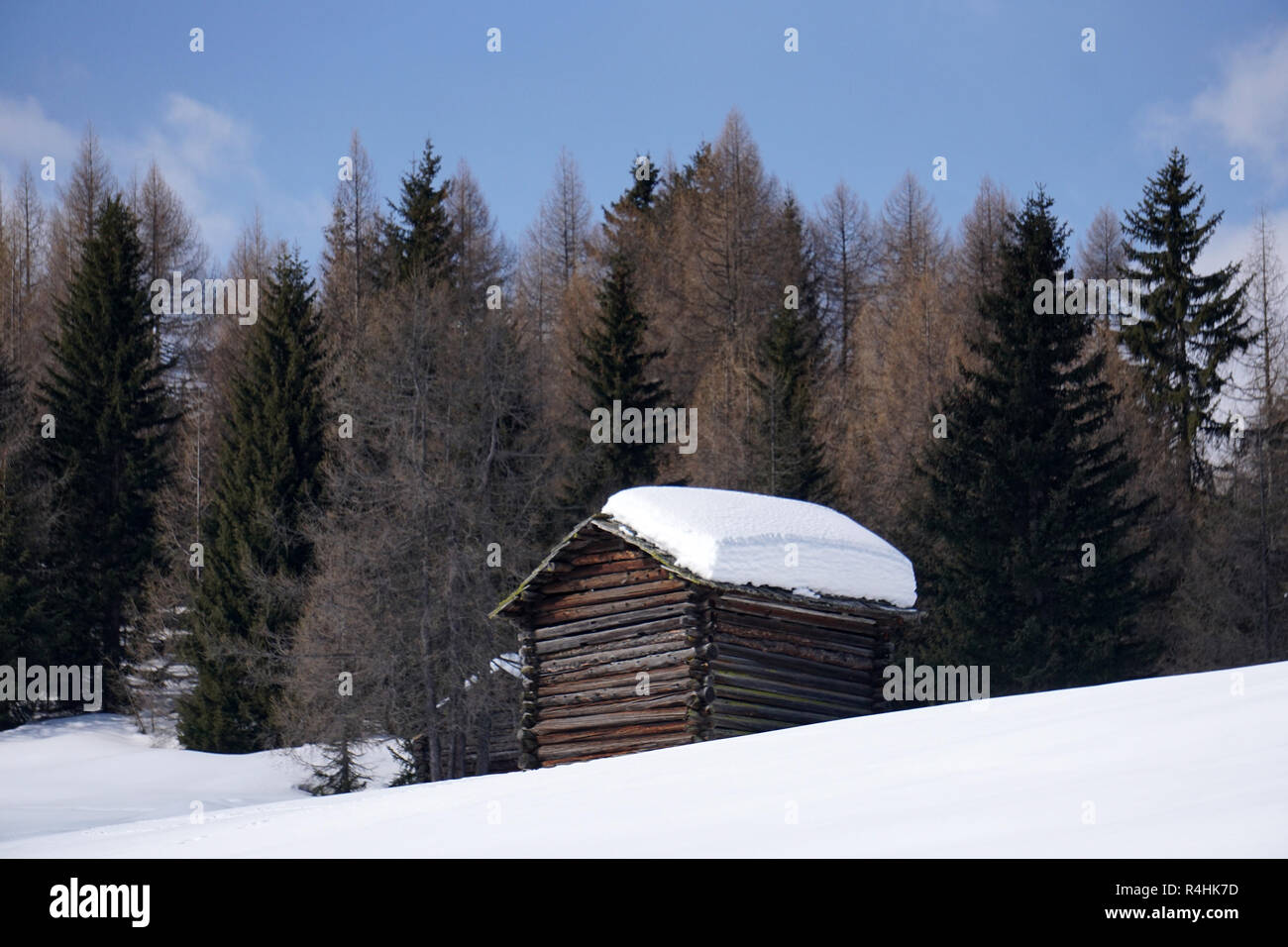 Isolated wood mountain house cabin hut covered by snow Stock Photo - Alamy