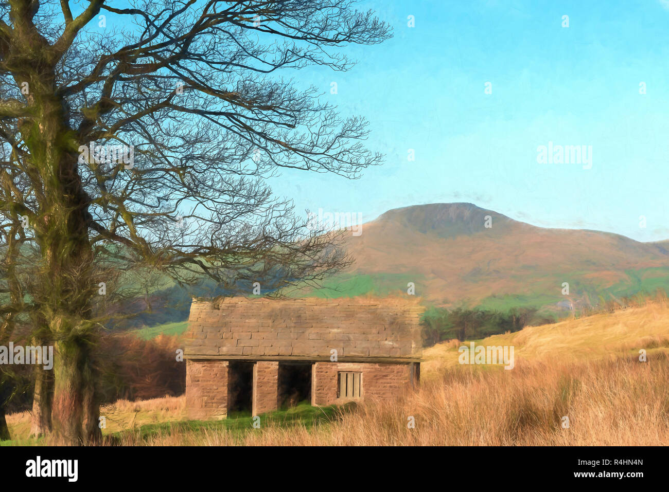 A digital watercolour of the view to a distant Shutlingsloe hill in Cheshire, Peak District National Park, UK. Stock Photo
