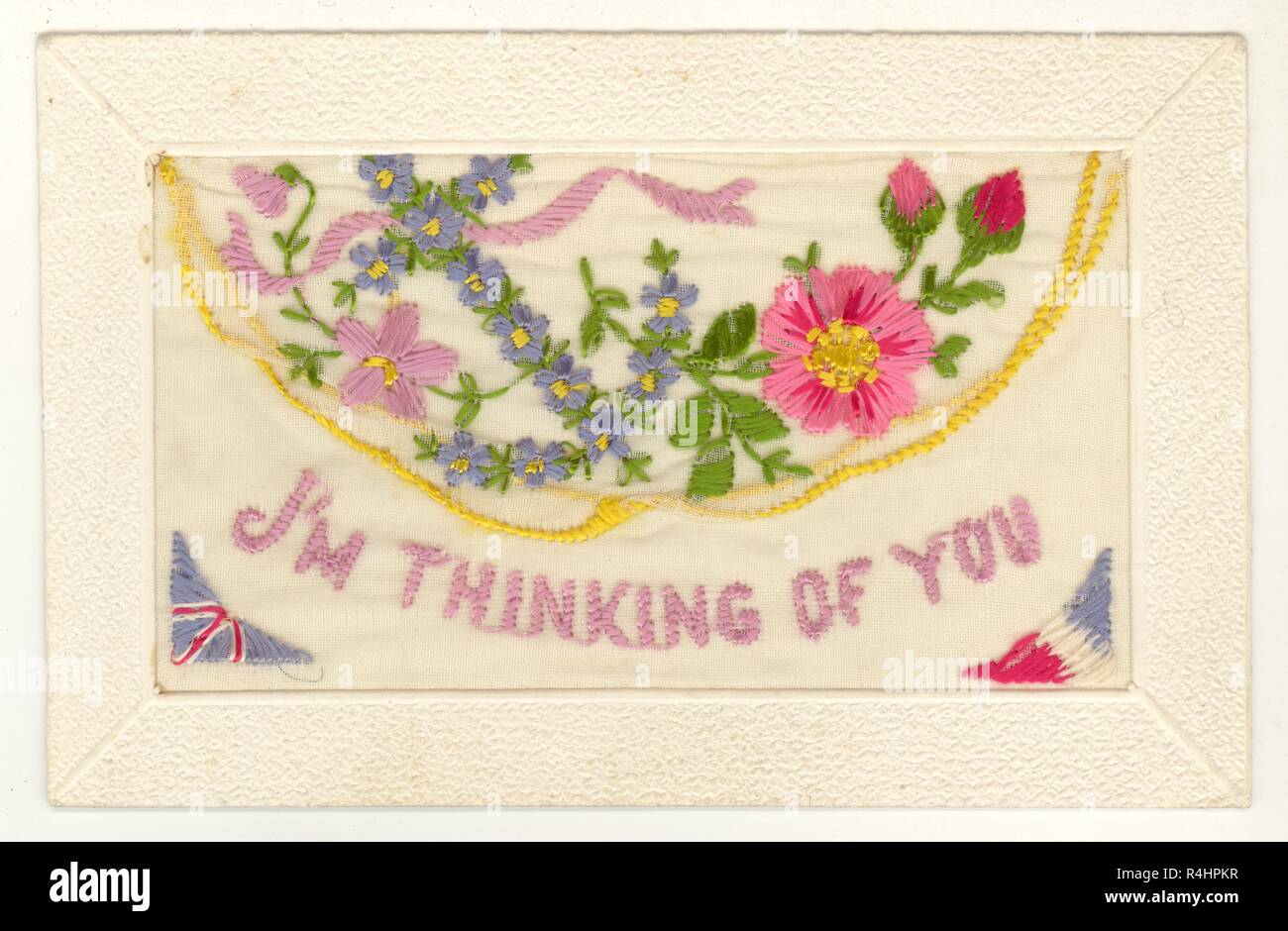 WW1 embroidered silk postcard I am thinking of you sent from France by a British soldier 1914 - 1918 Stock Photo