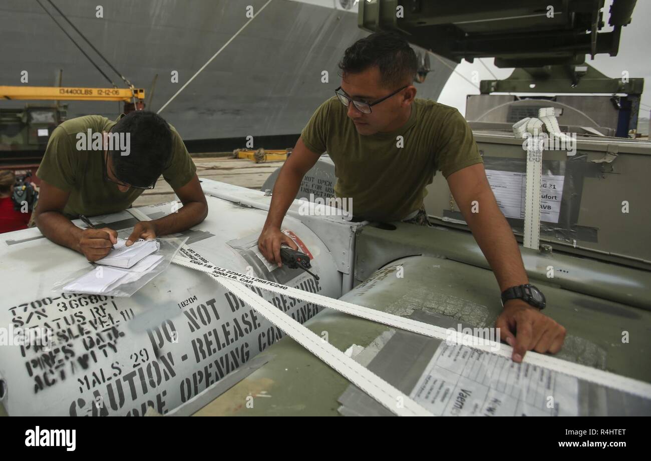 U.S. Marines with II Marine Expeditionary Force write down serial numbers from a trailer prior to loading it onto USNS Wright (T-AVB 3) before embarkation to Norway at the Port of Morehead City in Beaufort, N.C., Sept. 28, 2018. These vehicles will be used as part of II MEFs participation in the NATO-led exercise Trident Juncture 18 in Norway. Trident Juncture 18 is part of a planned exercise series to enhance the U.S. and NATO allies’ abilities to work together collectively to conduct military operations under challenging conditions. Trident Juncture will include more than 10,000 U.S. service Stock Photo