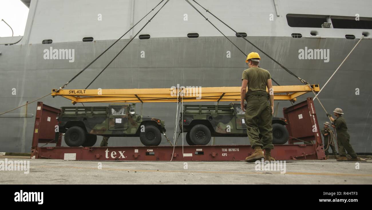 U.S. Marines with II Marine Expeditionary Force prepare to maneuver vehicles aboard USNS Wright (T-AVB 3) before embarkation to Norway at the Port of Morehead City in Beaufort, N.C., Sept. 28, 2018. These vehicles will be used as part of II MEFs participation in the NATO-led Exercise Trident Juncture 18 in Norway, Sweden, Finland, and Iceland. Trident Juncture 18 enhances the U.S. and NATO Allies’ abilities to work together collectively to conduct military operations under challenging conditions. Trident Juncture will include more than 14,000 U.S. service members and 31 Allied and partner nati Stock Photo