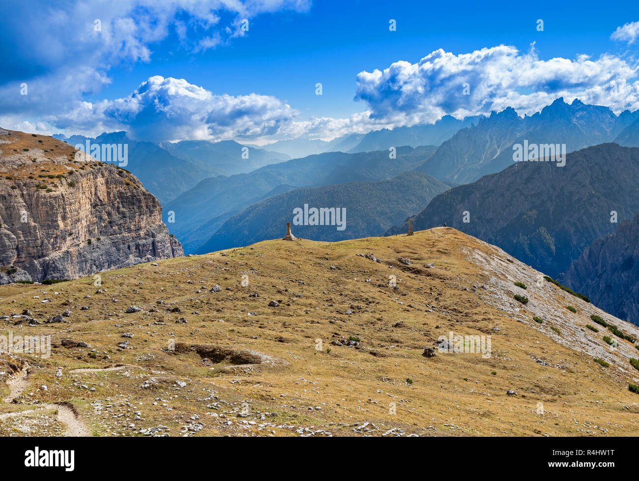 War memorial under Three Peaks, Dolomites, South Tyrol Stock Photo