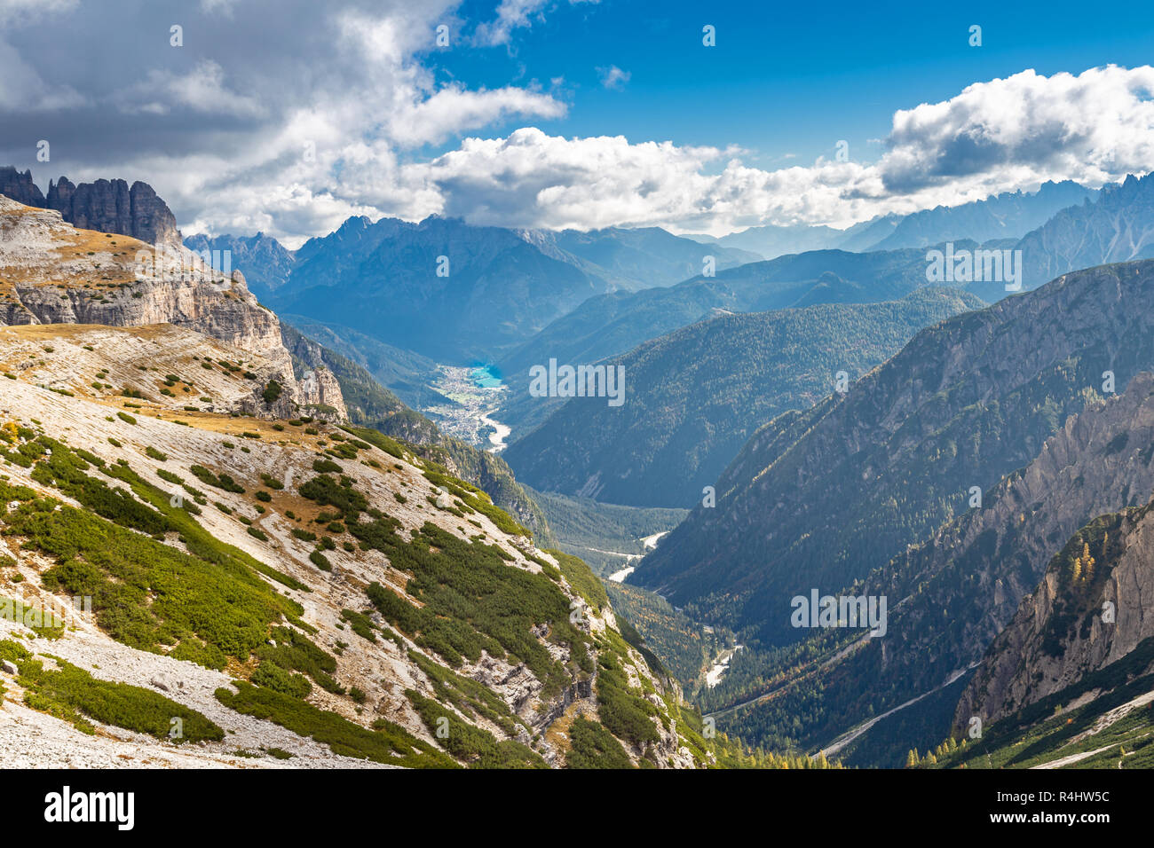View from Three Peaks to Lake Auronzo, Dolomites, South Tyrol Stock Photo