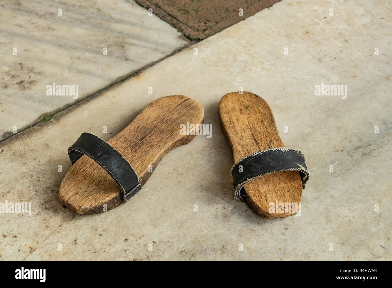 a pair of clogs for turkish bath.shoes with a thick wooden sole Stock