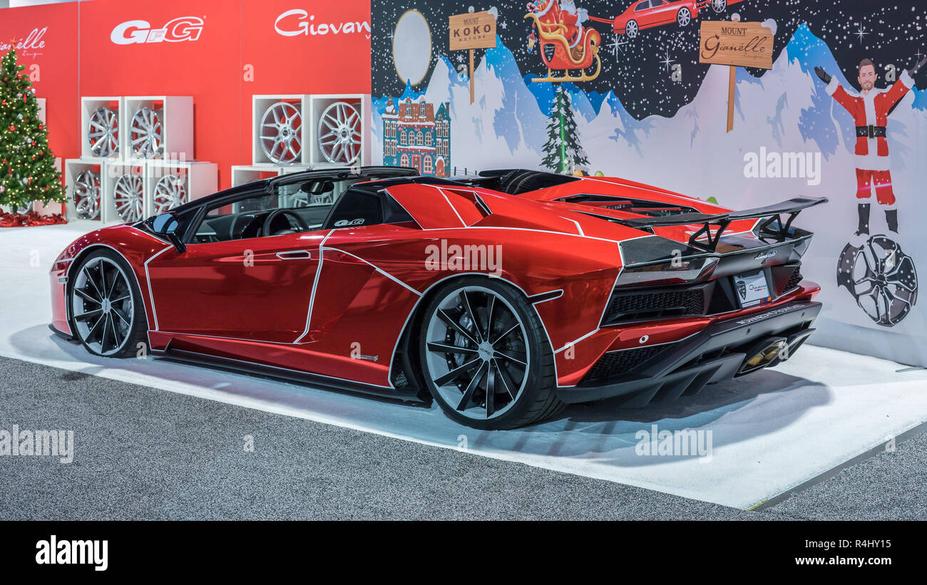LAS VEGAS, NV/USA - NOVEMBER 2, 2018: A Christmas-themed Lamborghini Aventador car at the Specialty Equipment Market Association (SEMA) show. Stock Photo