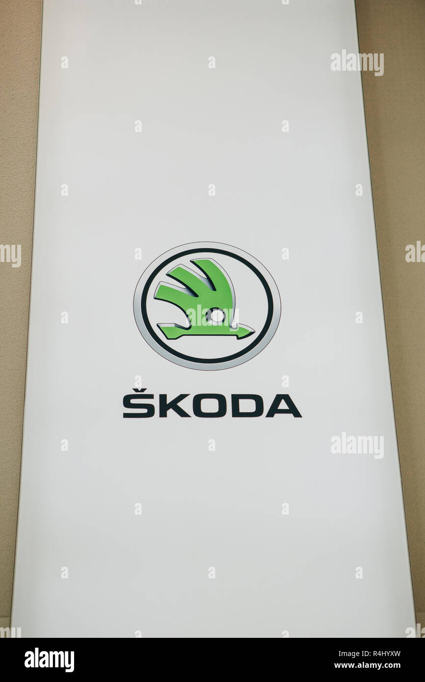 Berlin, August 29, 2018: The sign or banner of Skoda on the wall at the exhibition Drive - Volkswagen groups forum in Berlin. Stock Photo