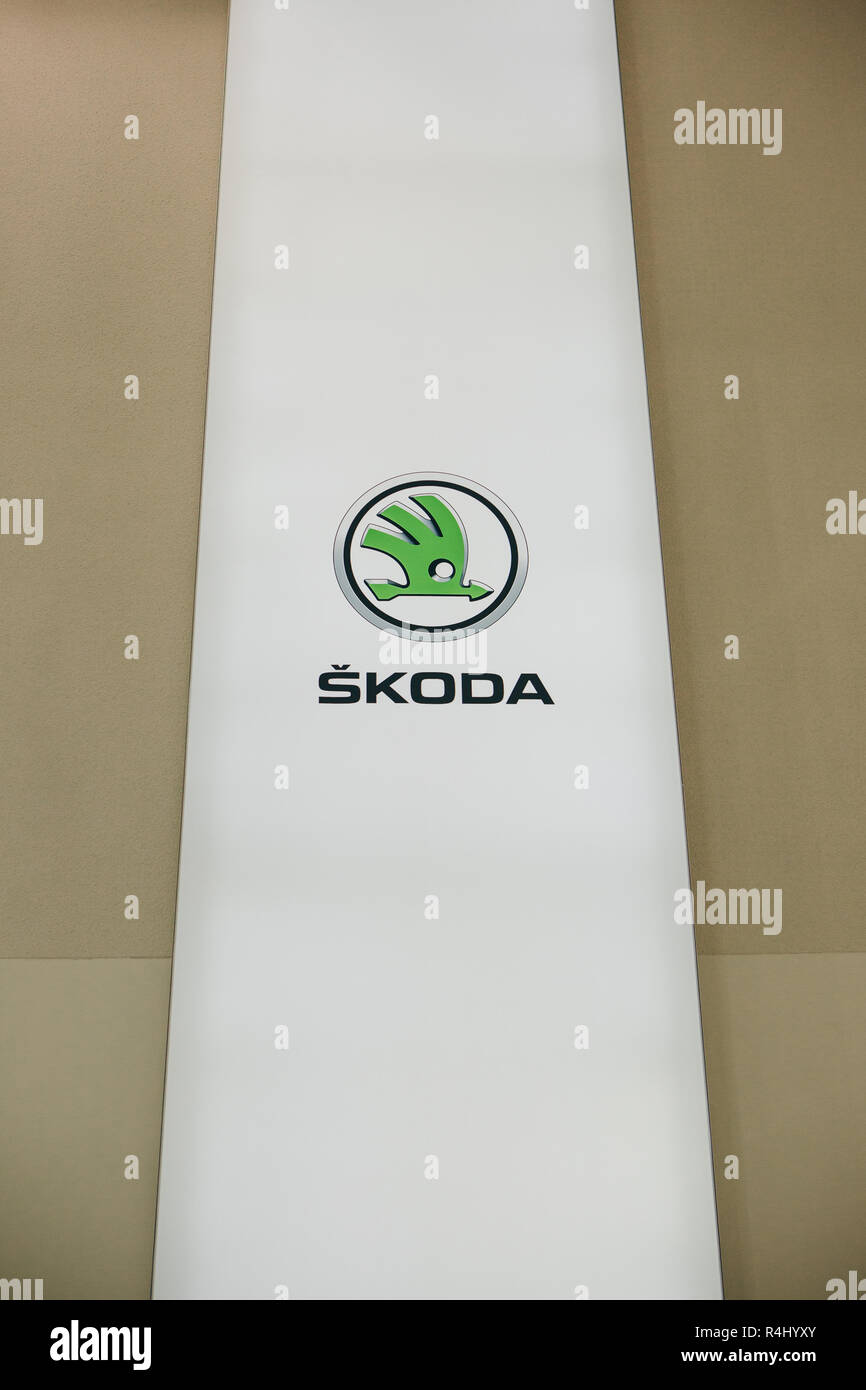 Berlin, August 29, 2018: The sign or banner of Skoda on the wall at the exhibition Drive - Volkswagen groups forum in Berlin. Stock Photo