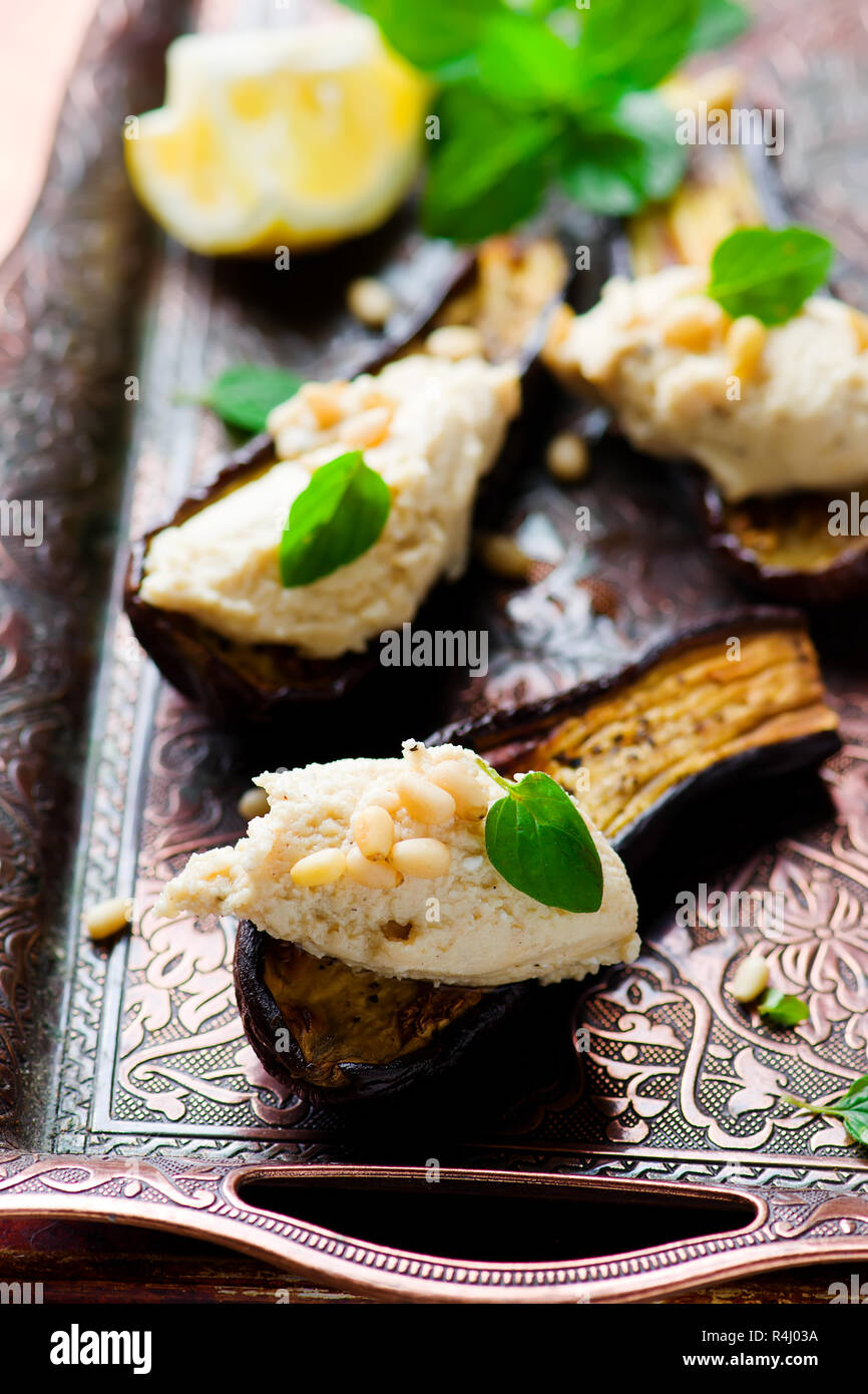 the baked eggplants with goat cheese and tahini dip. top view
