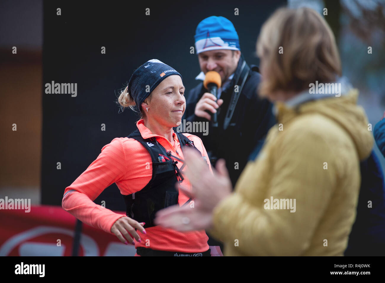 Czech Republic, Pilsen, November 2018: Hannah Pilsen Trail Krkavec. Die Woman Finishing the Race. Stock Photo