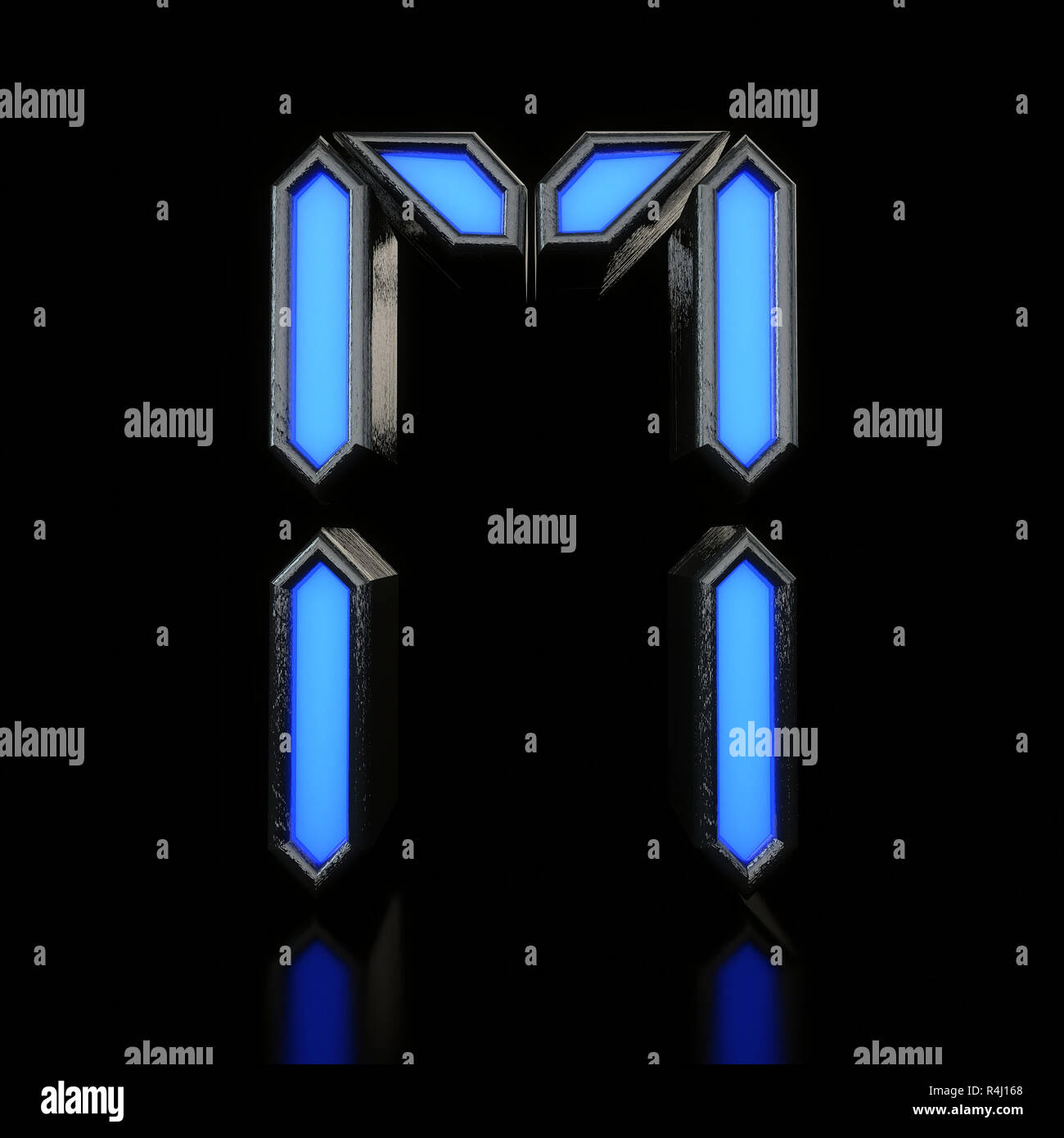 Letter M Futuristic blue neon led digital font. 3D Rendering Stock Photo