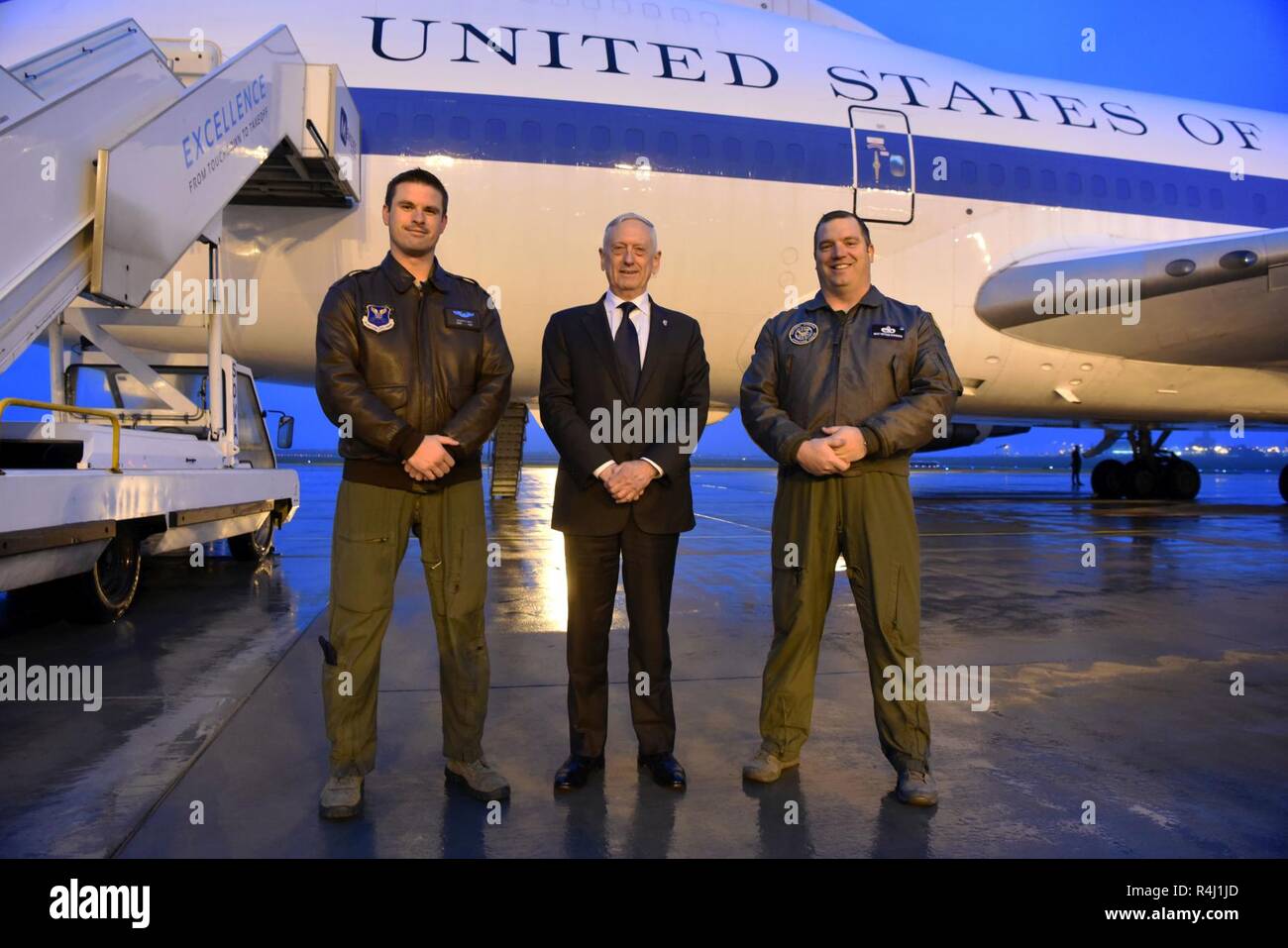 U.S. Secretary of Defense James N. Mattis greets air crew members and thanks them for their service, at the conclusion of his visit to Prague, Czech Republic, Oct. 28, 2018. (DOD Stock Photo