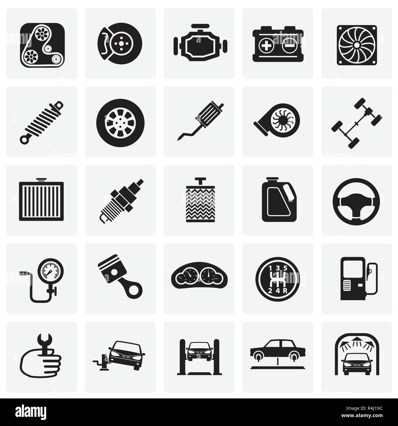 Car parts and repair set on squares background for graphic and web design, Modern simple vector sign. Internet concept. Trendy symbol for website design web button or mobile app. Stock Vector